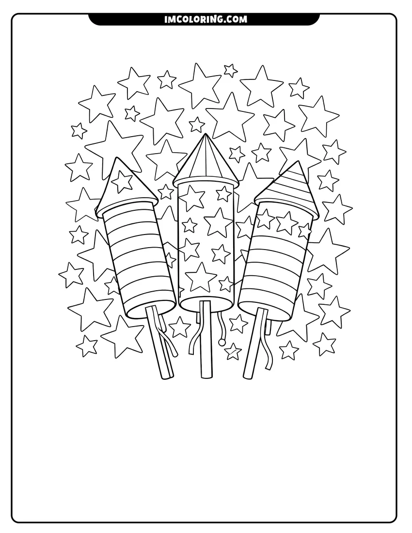 Simple sketch of Happy 4th of July text with waving flag for children