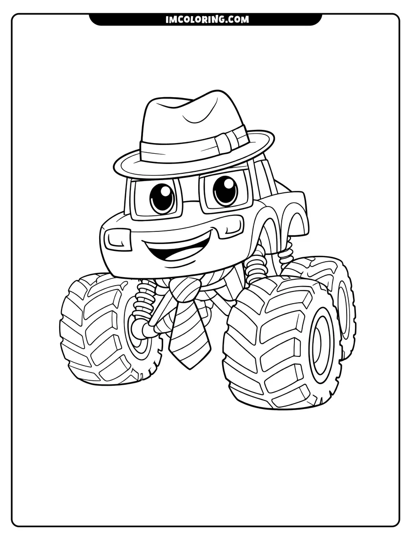 Scene showing Bump Bumperman monster truck in a hat and tie to color