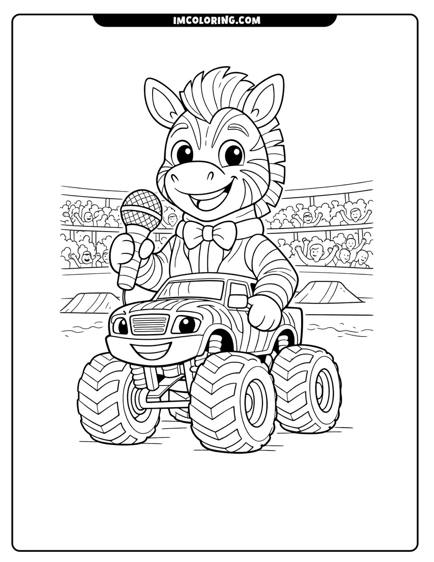 Outline of Burt the zebra monster truck announcer with a microphone on a white background
