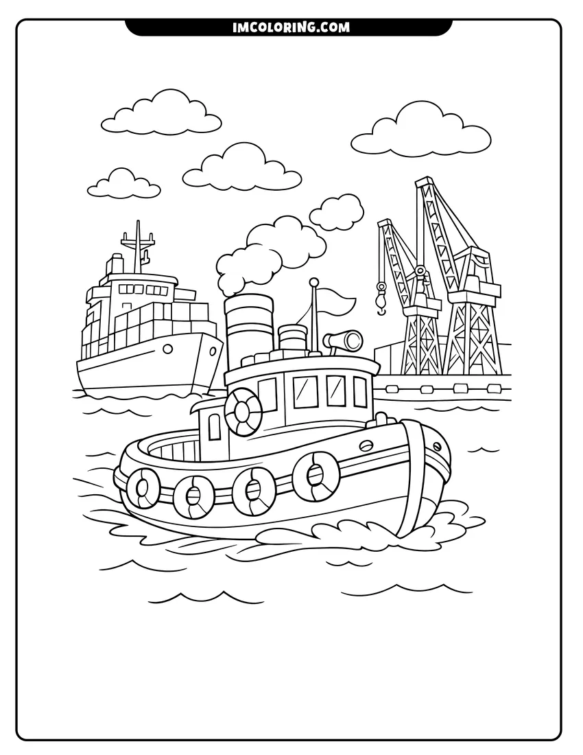 Simple sketch of Sturdy tugboat sailing in a busy harbor with cargo ship for children