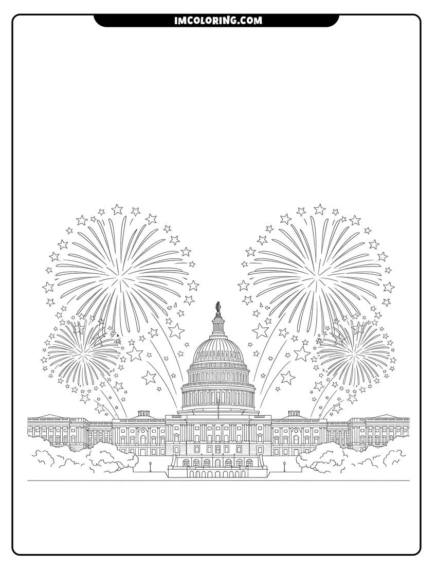 Black and white line art of The United States Capitol building under bright exploding fireworks