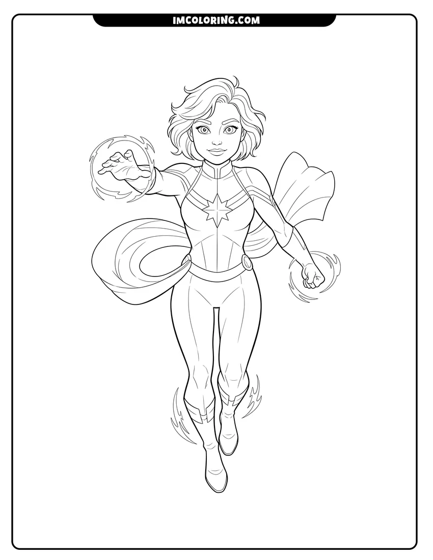 Illustration of Captain Marvel floating in suit with star emblem ready for painting