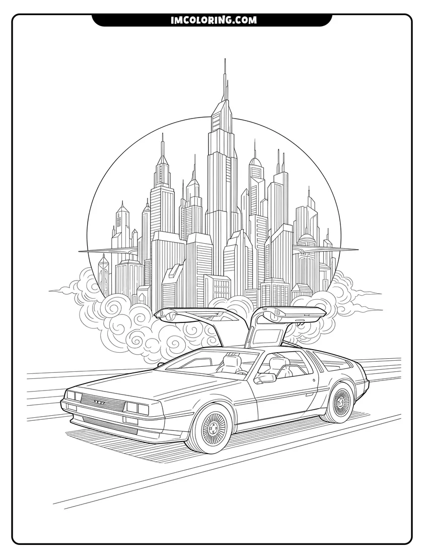 Clean line drawing: A gull-wing sports car driving toward a futuristic city