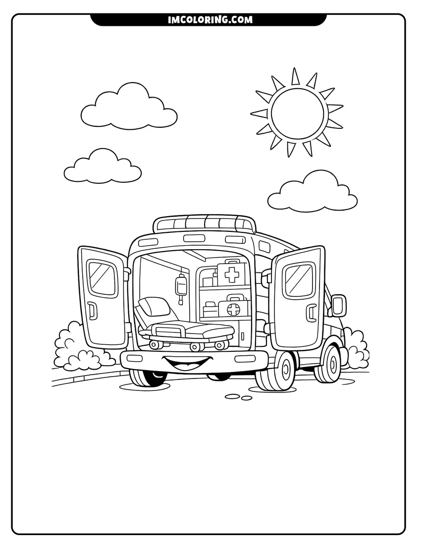 Simple sketch of Cartoon ambulance with open back doors parked near bushes for children