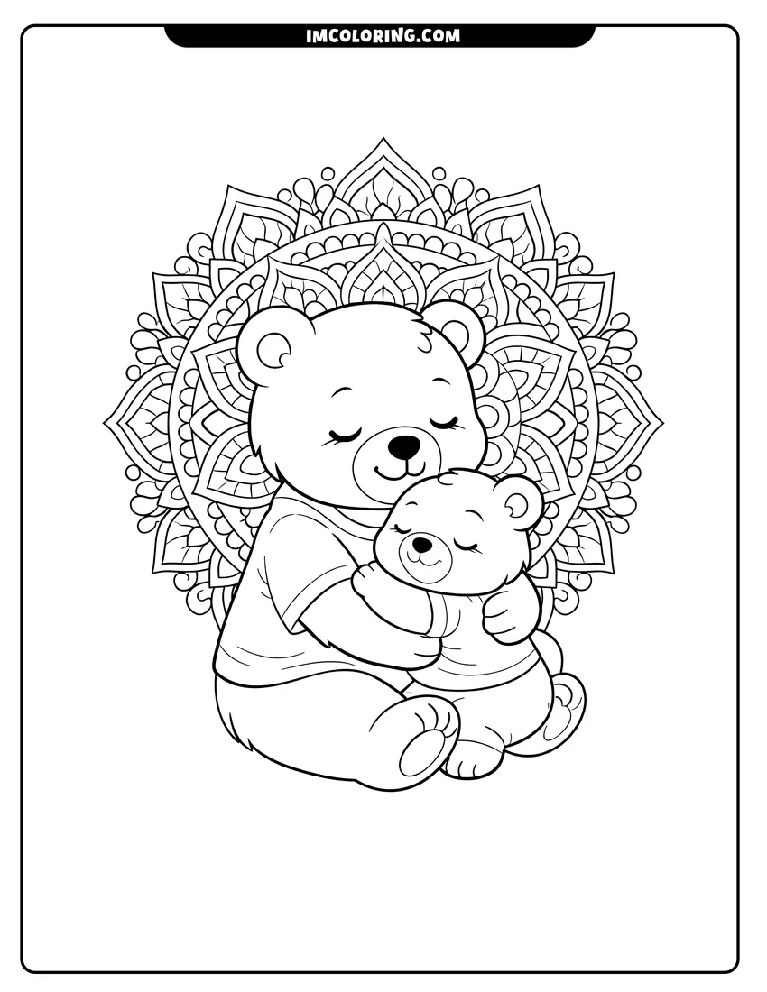 Printable coloring page featuring Parent and baby bear hugging with mandala background