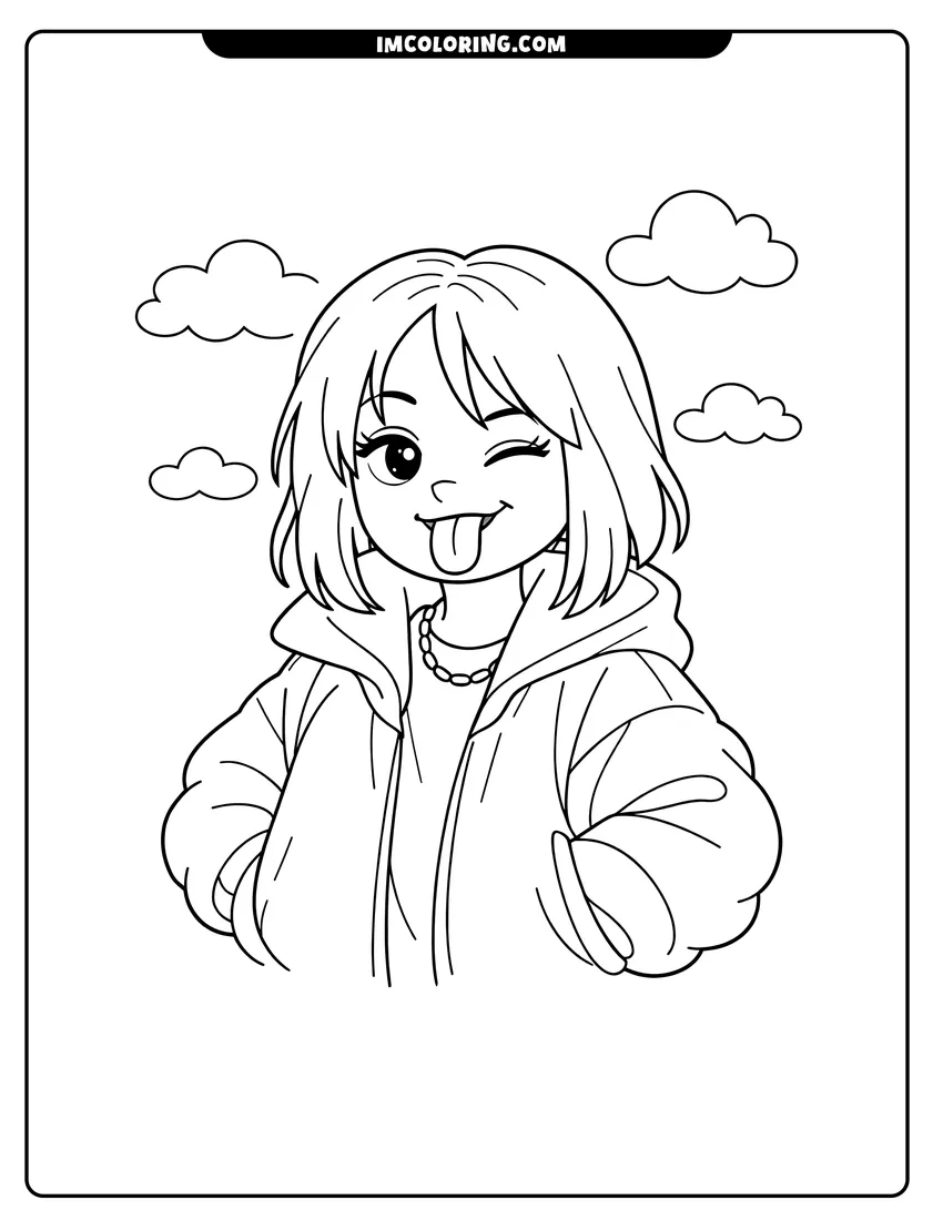 Easy-to-color Cartoon Billie Eilish winking in the clouds illustration