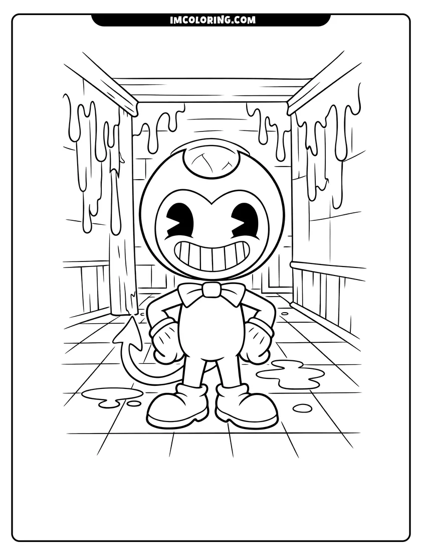 Scene showing Bendy the cartoon devil in a hallway with ink to color