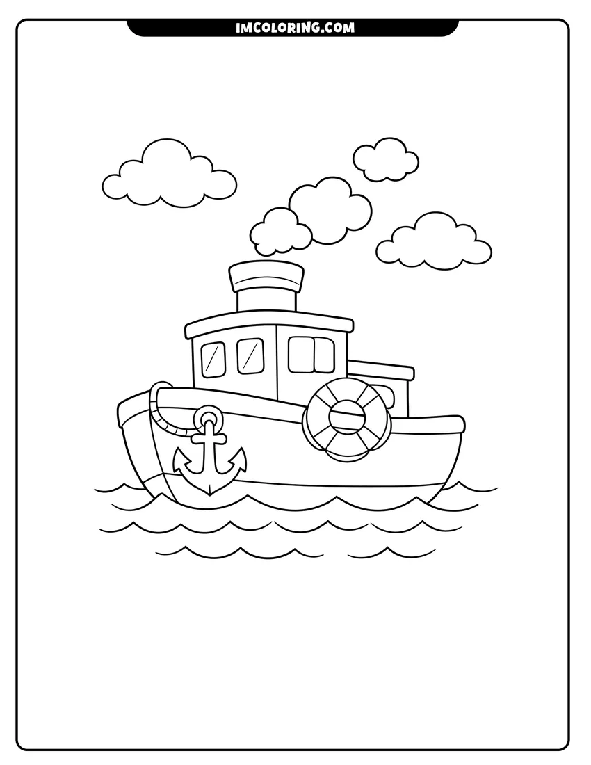 Illustration of Simple cartoon tugboat with a life preserver and anchor ready for painting