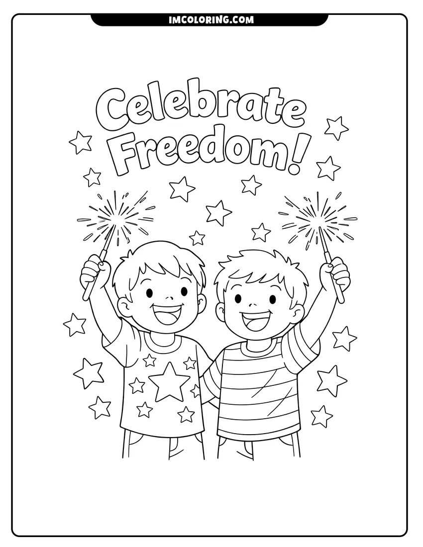 Simple sketch of Two boys holding sparklers with celebrate freedom text for children