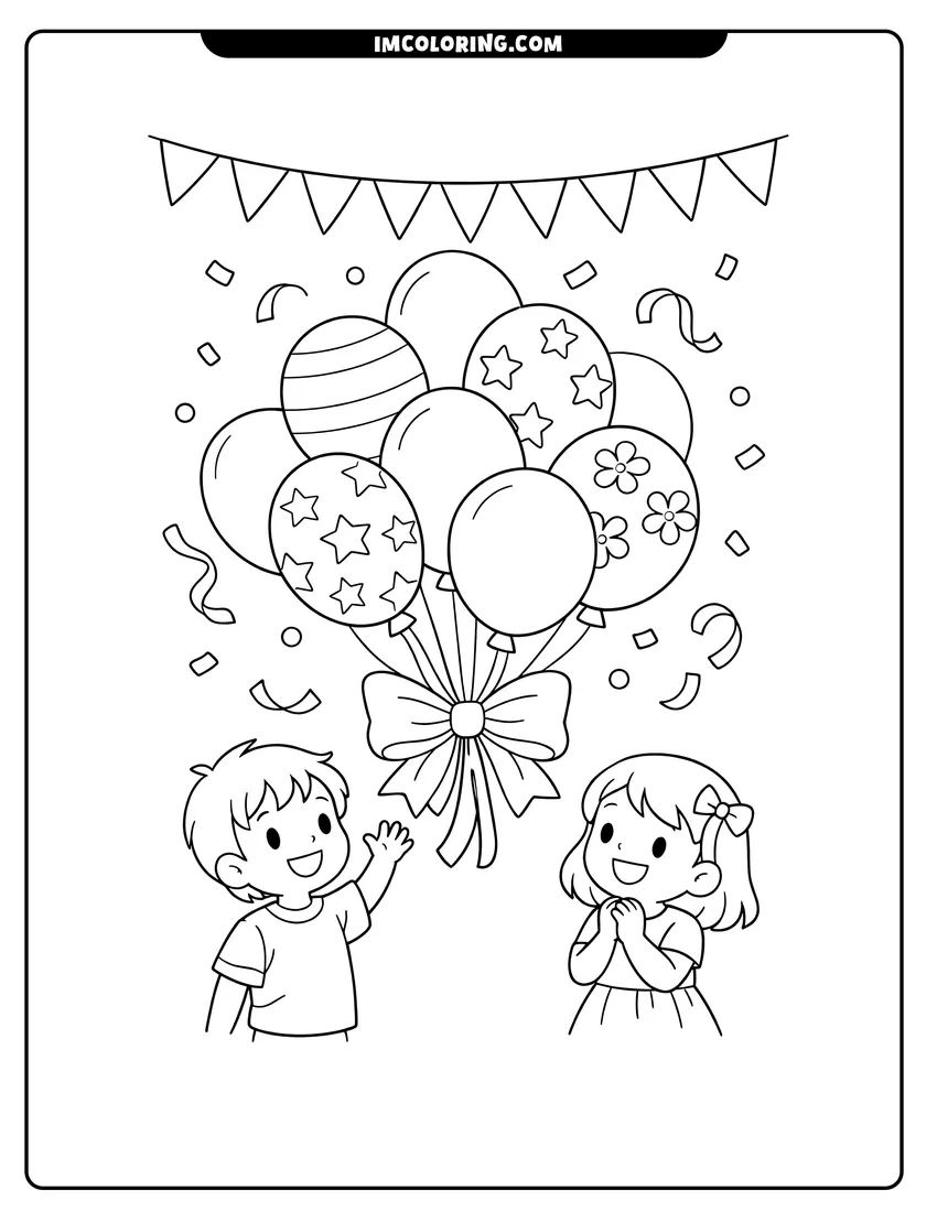 Line art depicting Three balloons with confetti and a banner
