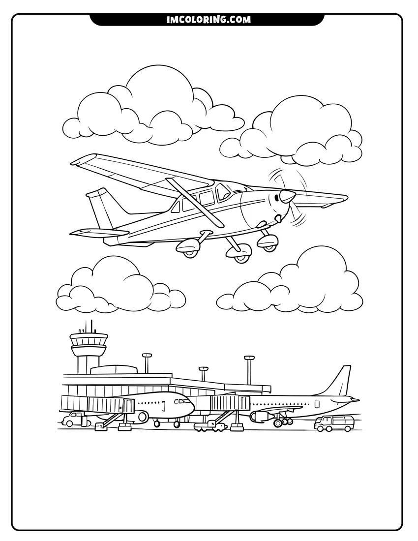 Cute Cessna 172 airplane flying over an airport terminal outline for coloring