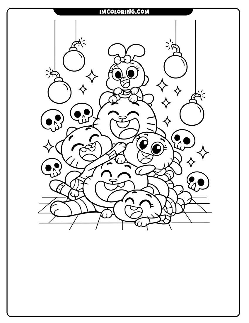 Outline of The Watterson family in a chaotic happy pile on a white background