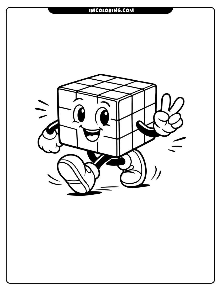 Printable outline of Animated 80S puzzle cube character walking