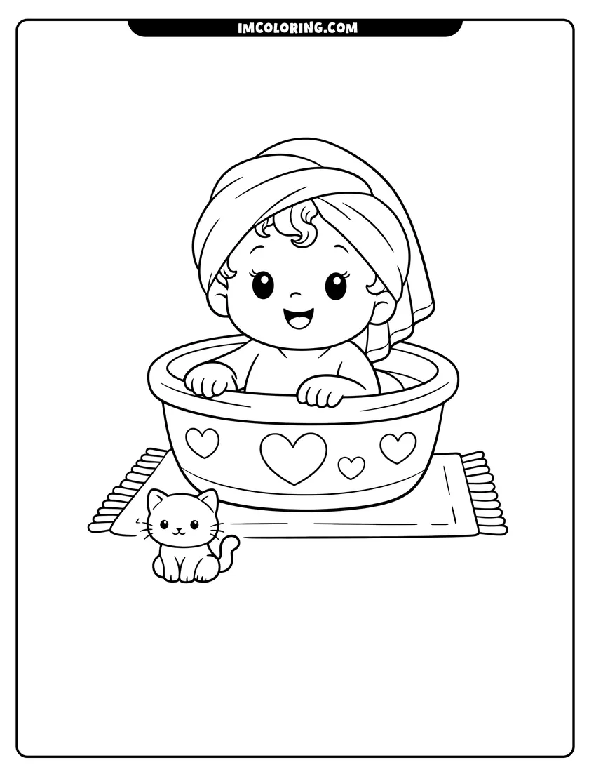 Illustration of Baby with towel on hair sitting in basin ready for painting
