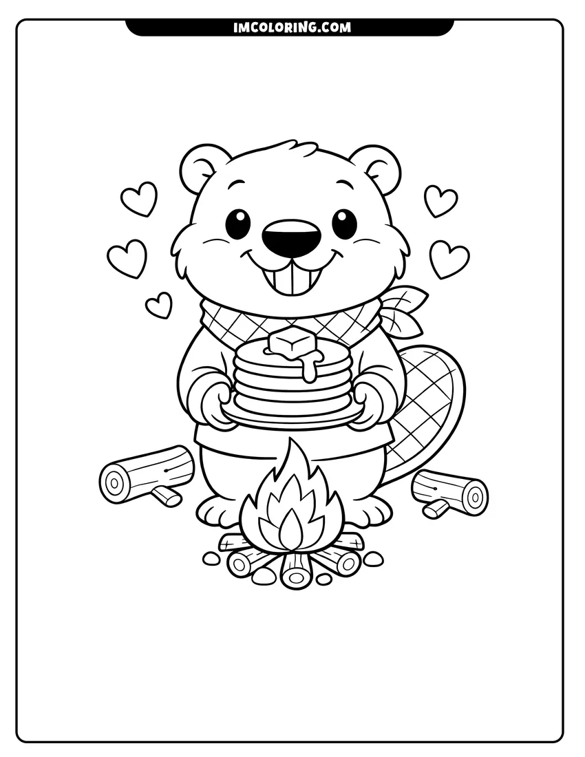 Detailed Beaver with a bandana holding a plate of pancakes design for coloring