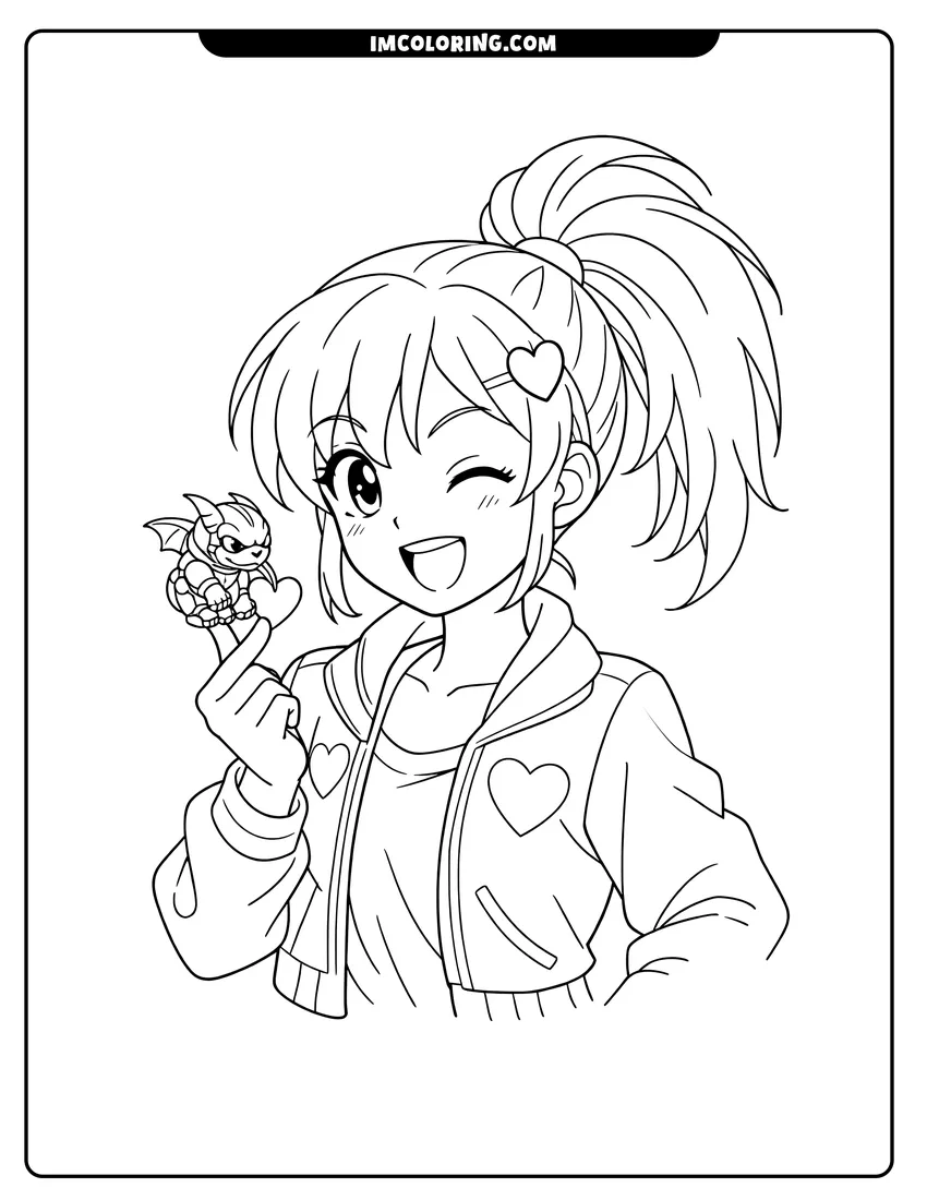 Black and white Julie Makimoto winking with small Bakugan coloring sheet