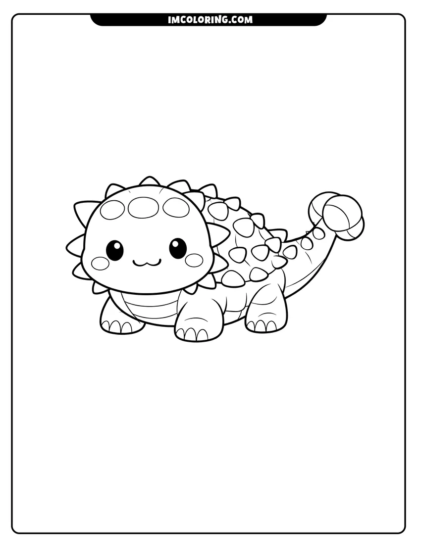Simple line drawing of Friendly kawaii Ankylosaurus with rounded armor and a tail club