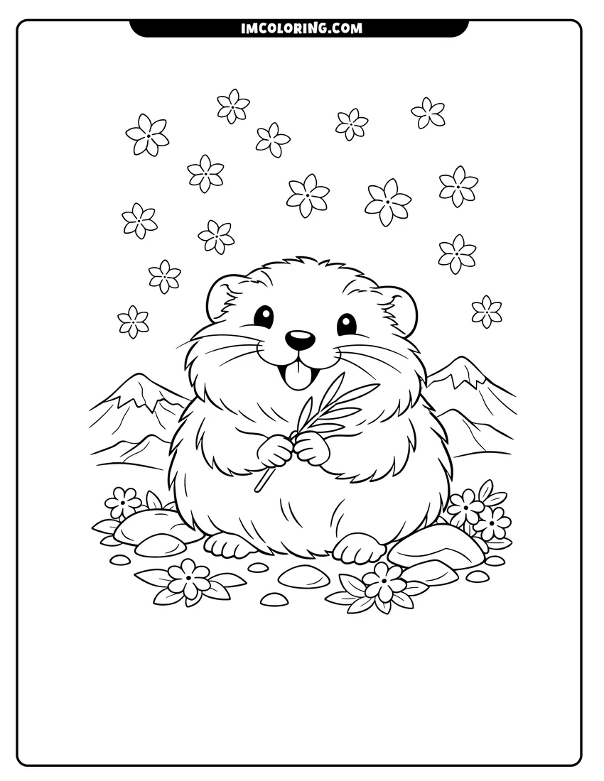 Fluffy lemming holding grass on rocky ground coloring page for preschoolers