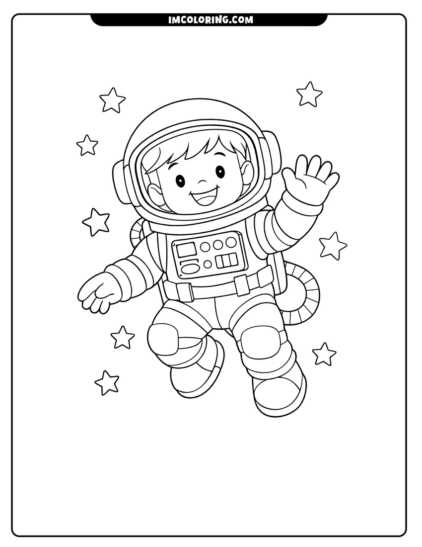 Printable outline of Simple cartoon astronaut waving while floating