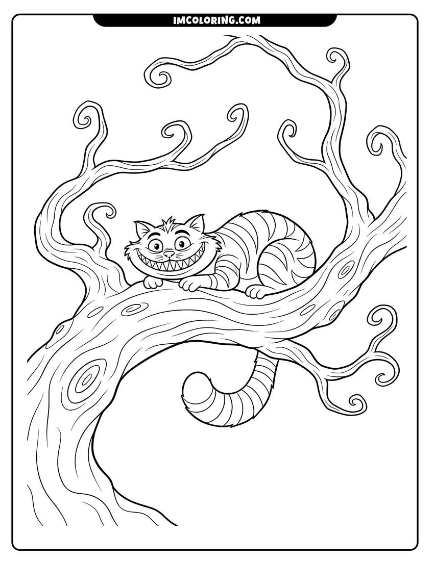 Printable coloring page of Grinning striped Cheshire Cat lounging on a spooky tree branch