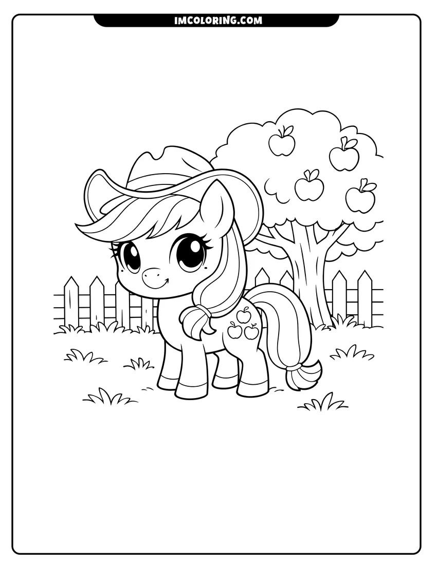 Kids activity sheet showing Chibi Applejack standing in front of a picket fence