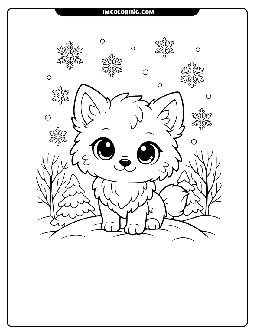 Chibi arctic wolf pup on a snowy hill drawing meant for coloring