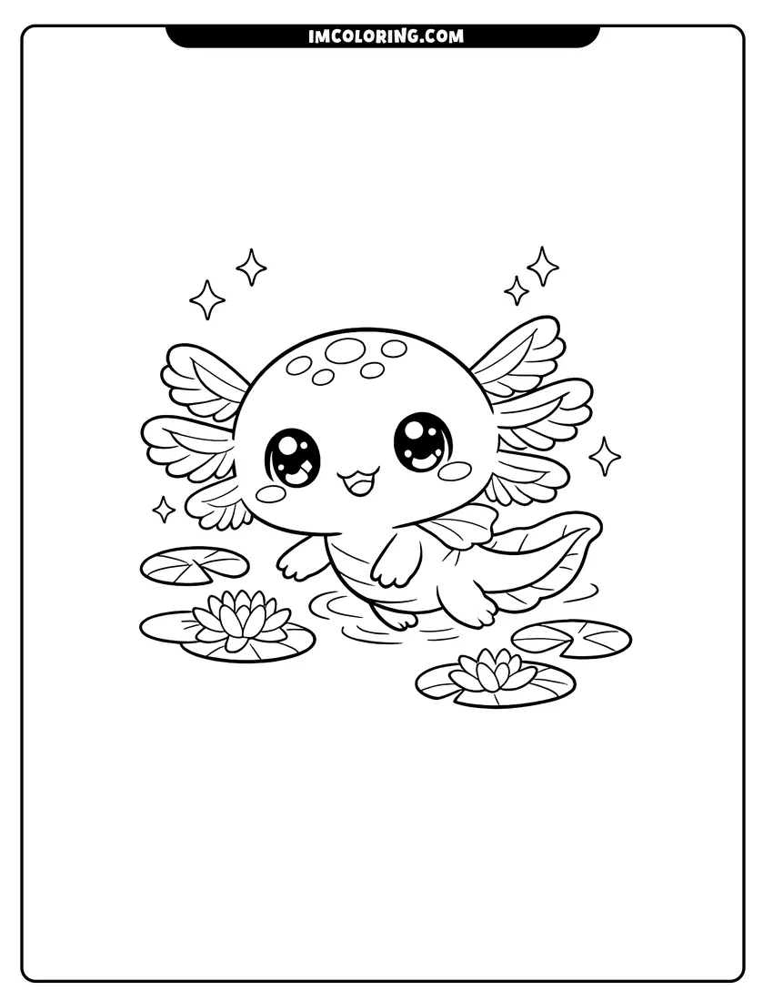 Line art depicting Chibi axolotl swimming in a pond with lily pads