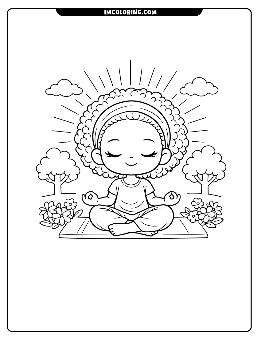 Illustration of Chibi Black girl meditating in nature ready for painting