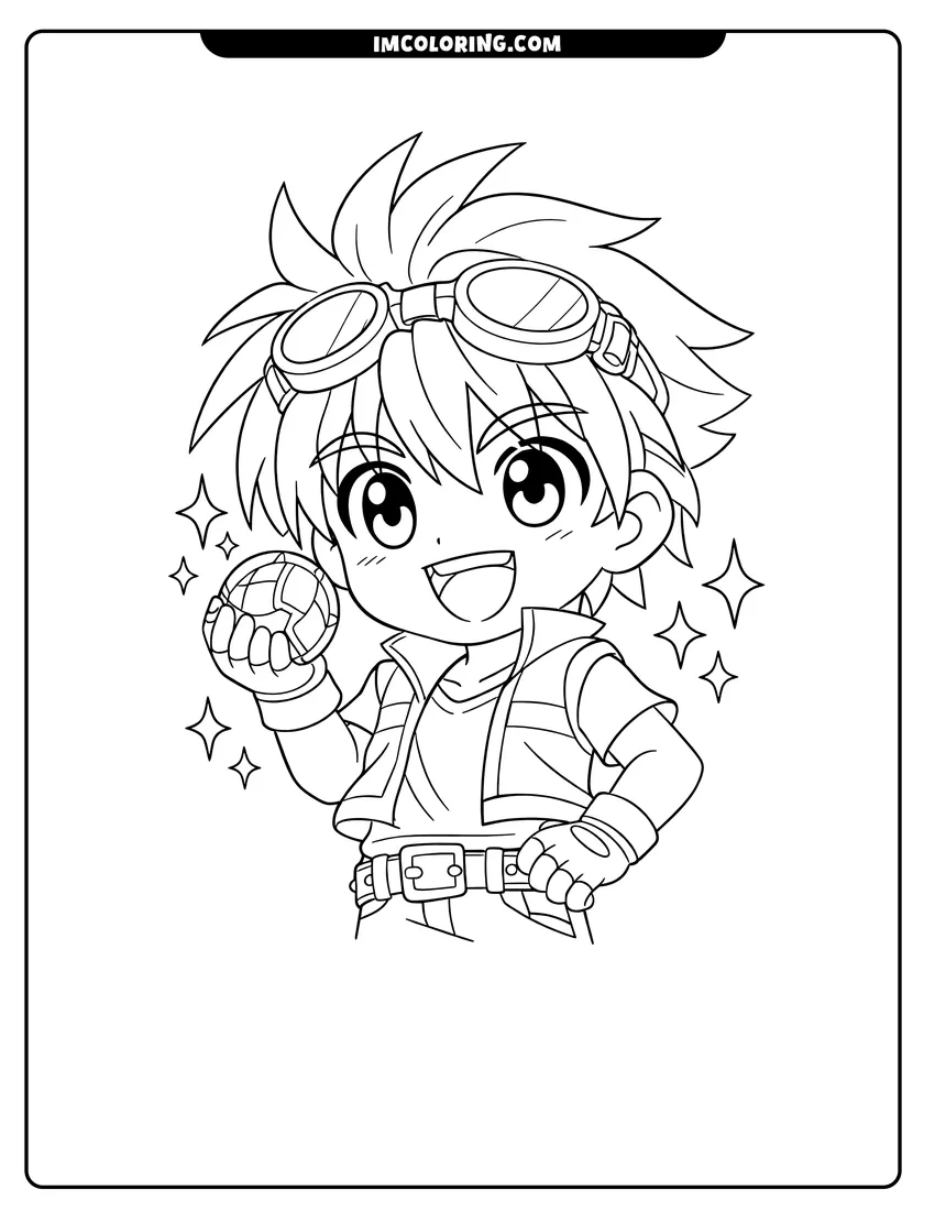 Chibi Dan Kuso holding a Bakugan ball coloring page for preschoolers