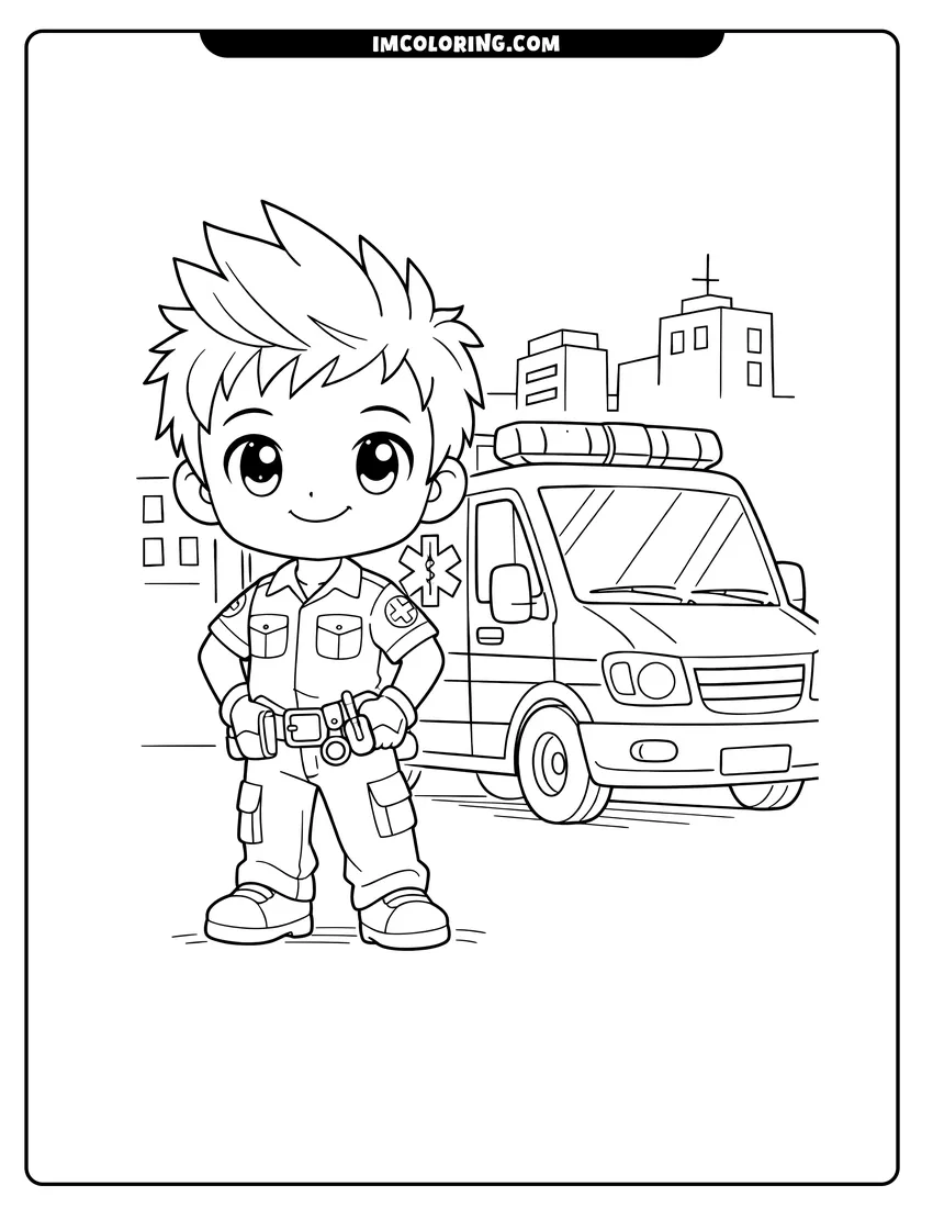Detailed Chibi paramedic boy standing next to an ambulance in city design for coloring