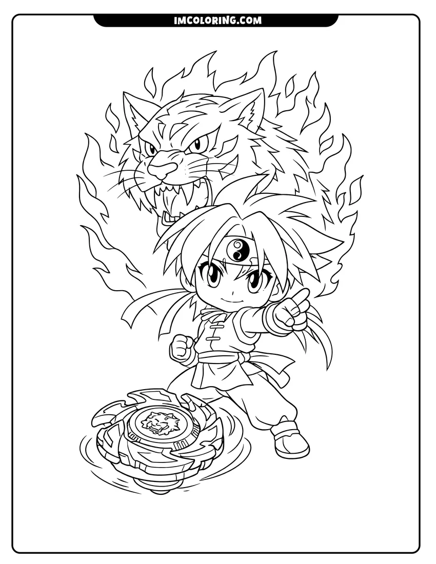 Scene showing Chibi Ray Kon with spinning Beyblade and white tiger to color