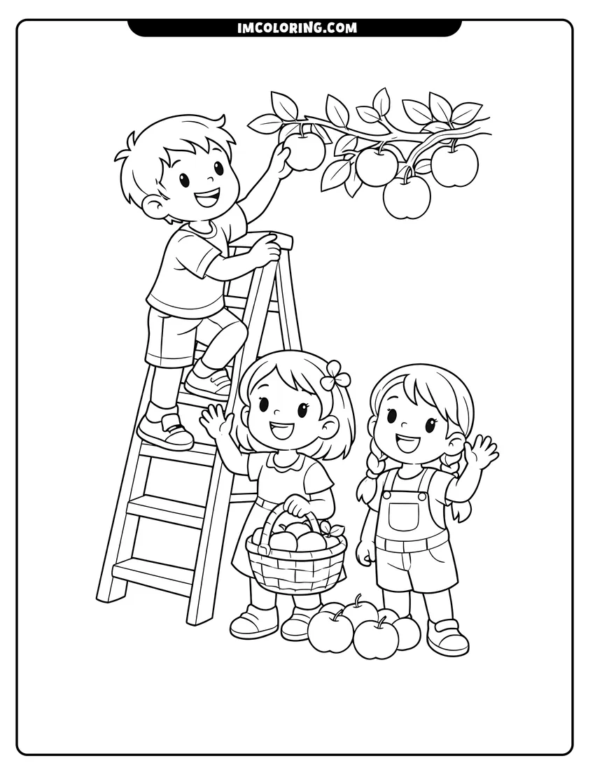 Printable Children picking Apples in orchard coloring activity