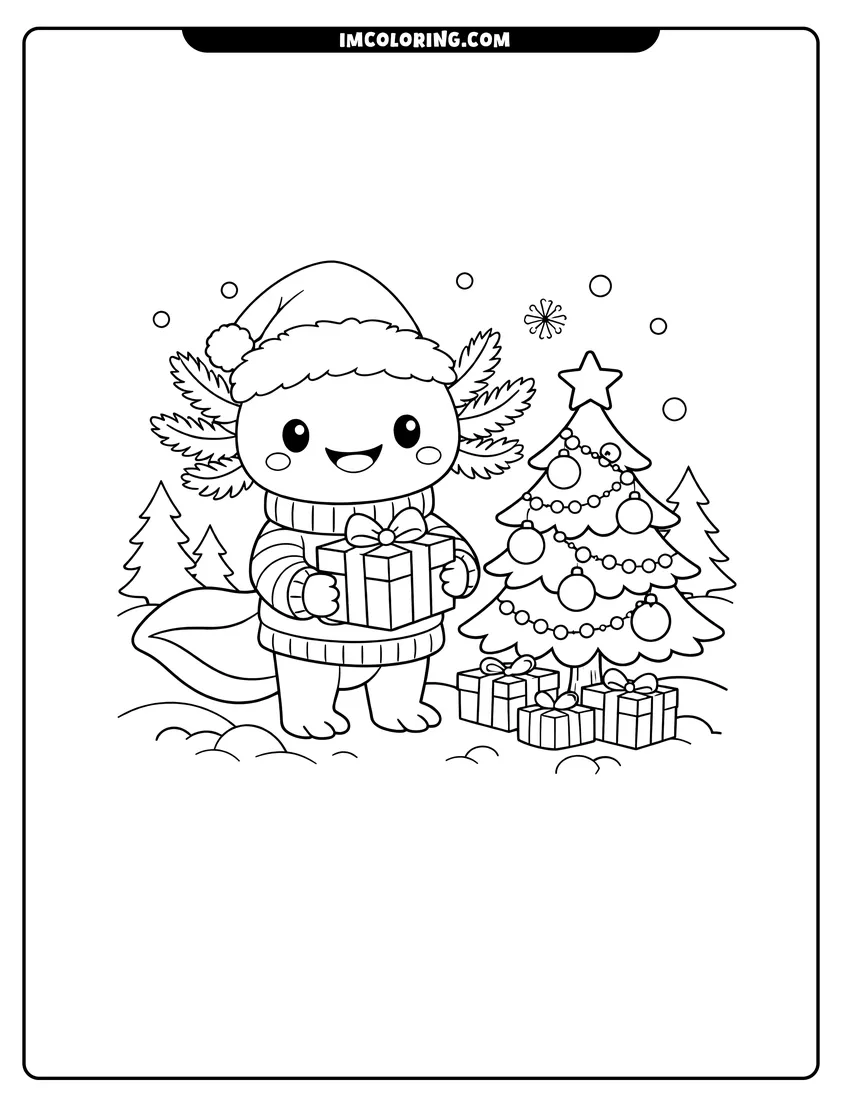 Cute Axolotl in a Santa hat holding a present outline for coloring