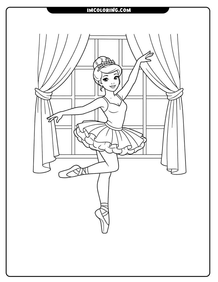Outline of Cinderella dressed as a ballerina wearing a tiara on a white background
