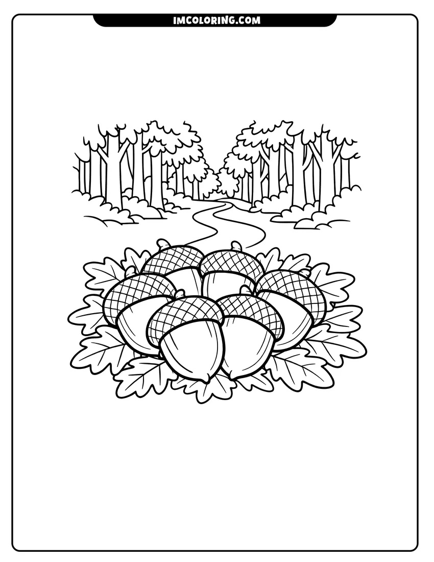 Black and white Group of acorns on a forest floor path coloring sheet
