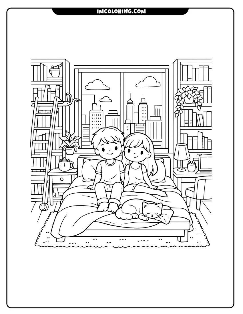 Coloring sheet of Studio bedroom with bookshelves and city view for kids