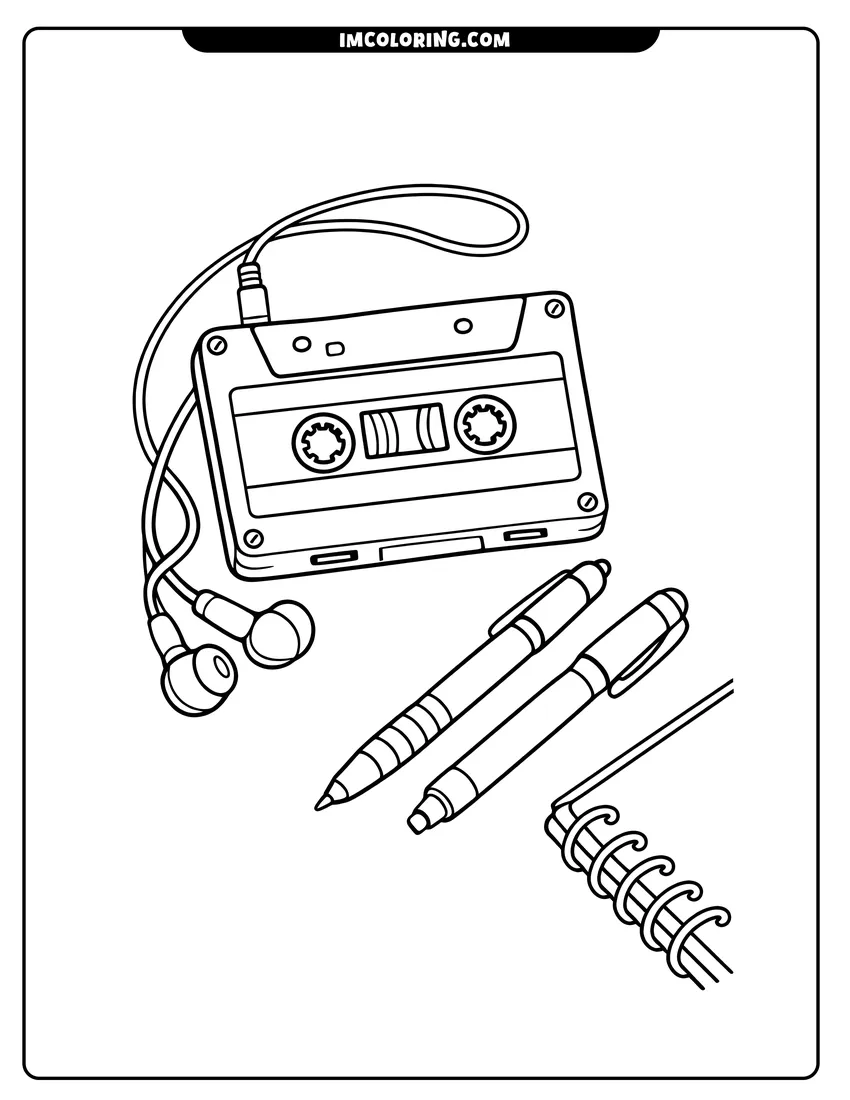 Kids activity sheet showing 80S cassette tape with wired earphones