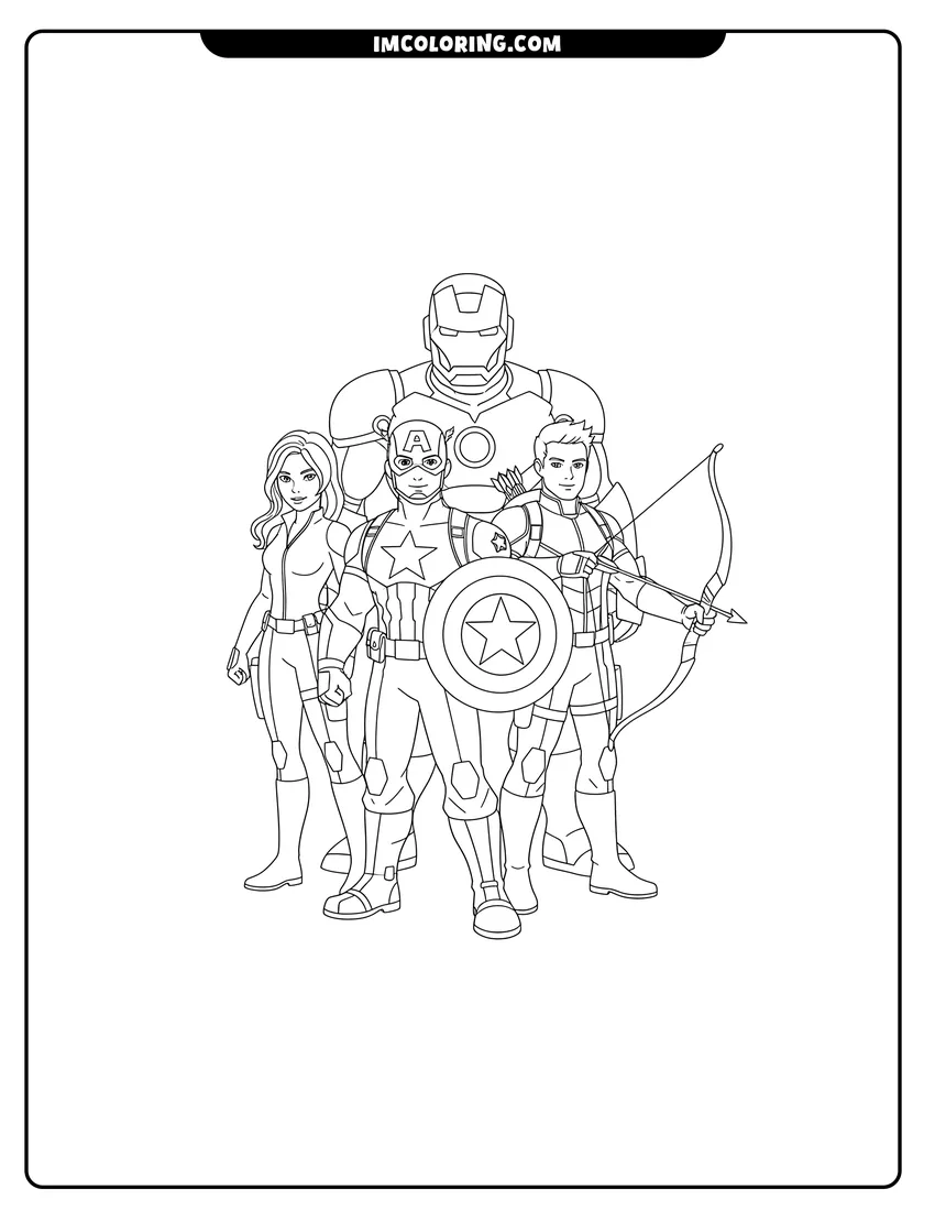 Simple line drawing of Captain America, Black Widow, Hawkeye, and Iron Man posing