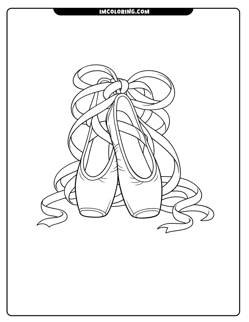 Kids activity sheet showing Classic ballerina pointe shoes with long ribbons