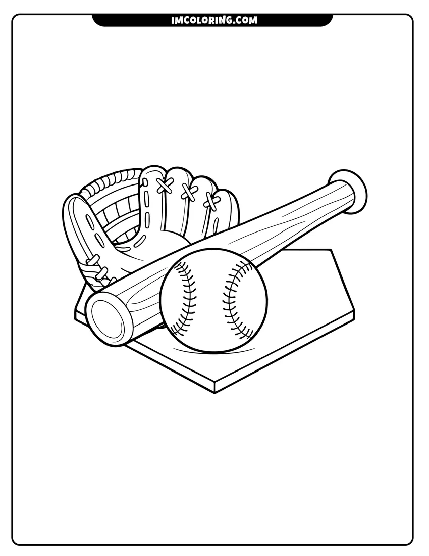 Kids activity sheet showing Detailed baseball resting on home plate