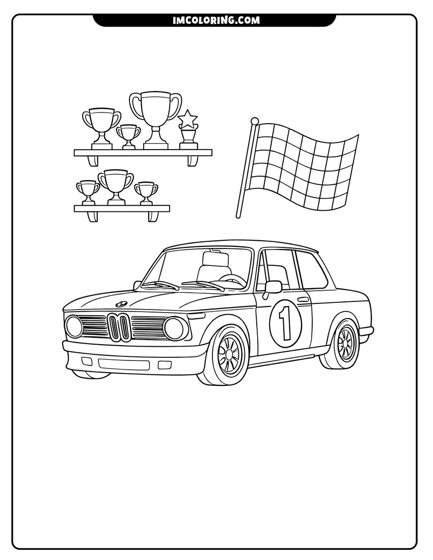 Classic Bmw 2002 race car parked inside a garage coloring page for preschoolers