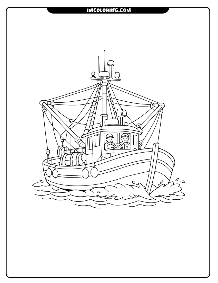 Printable Traditional fishing trawler boat sailing on choppy ocean water coloring activity