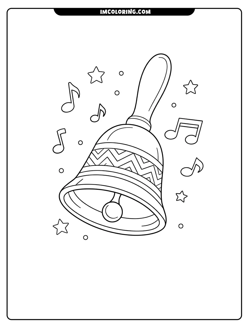 Printable coloring page featuring Classic hand bell with geometric patterns and musical notes