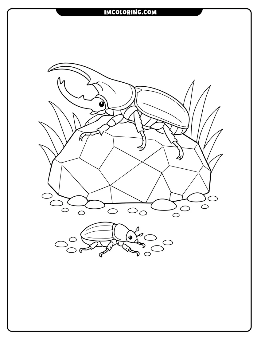 Black and white Large Hercules beetle climbing a rock with a smaller beetle coloring sheet