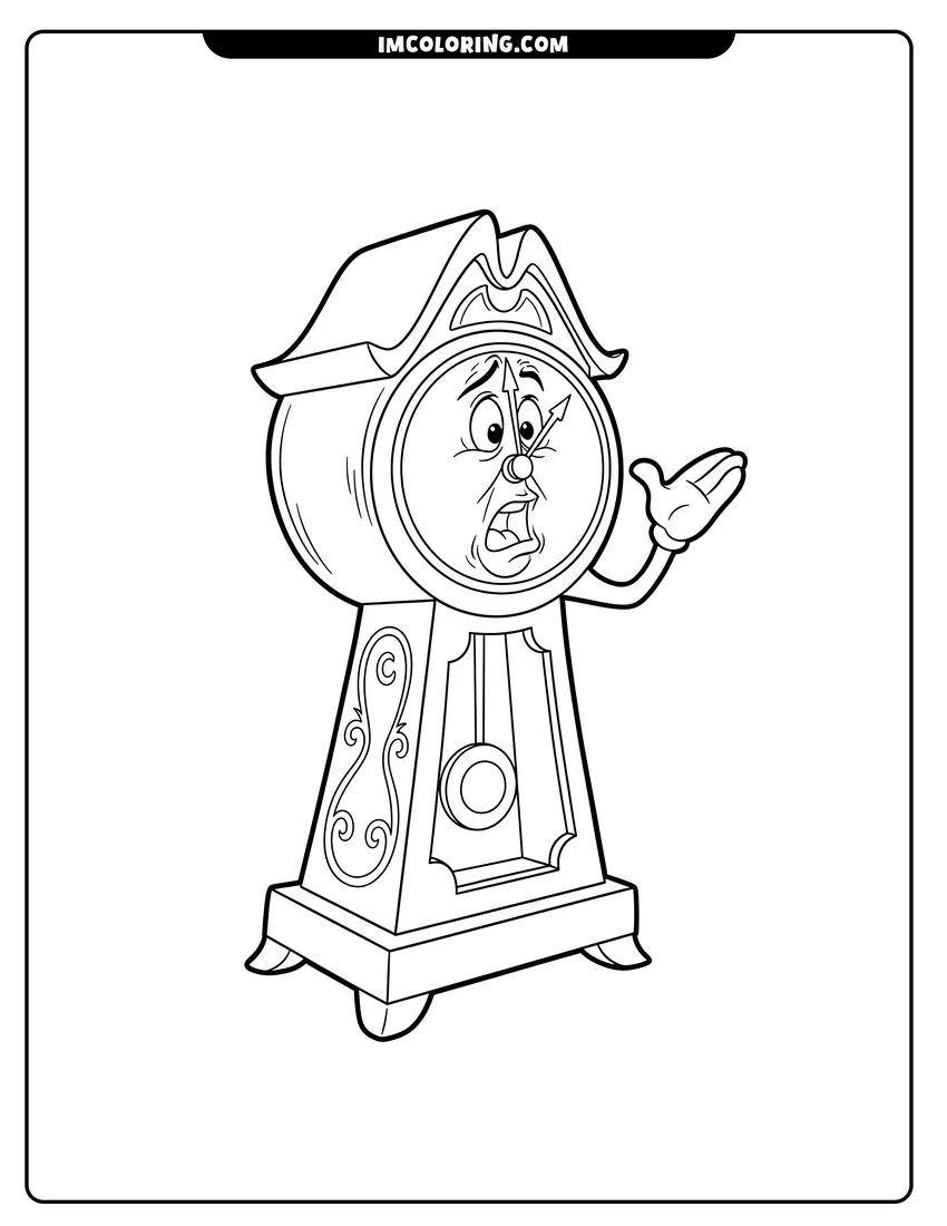 Printable Cogsworth the mantel clock with a shouting expression coloring activity