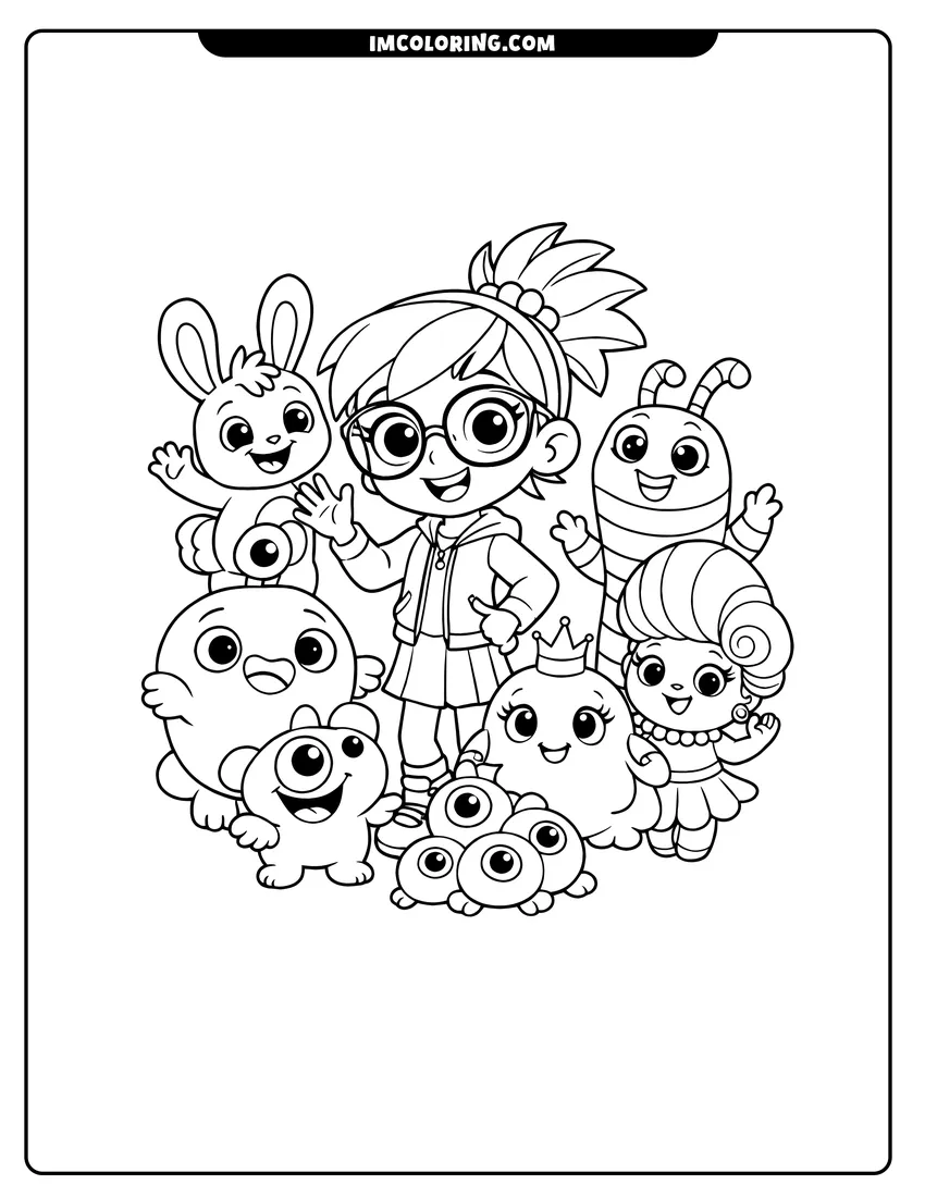 Kawaii style Abby Hatcher with Bozzly and various Fuzzly friends coloring picture