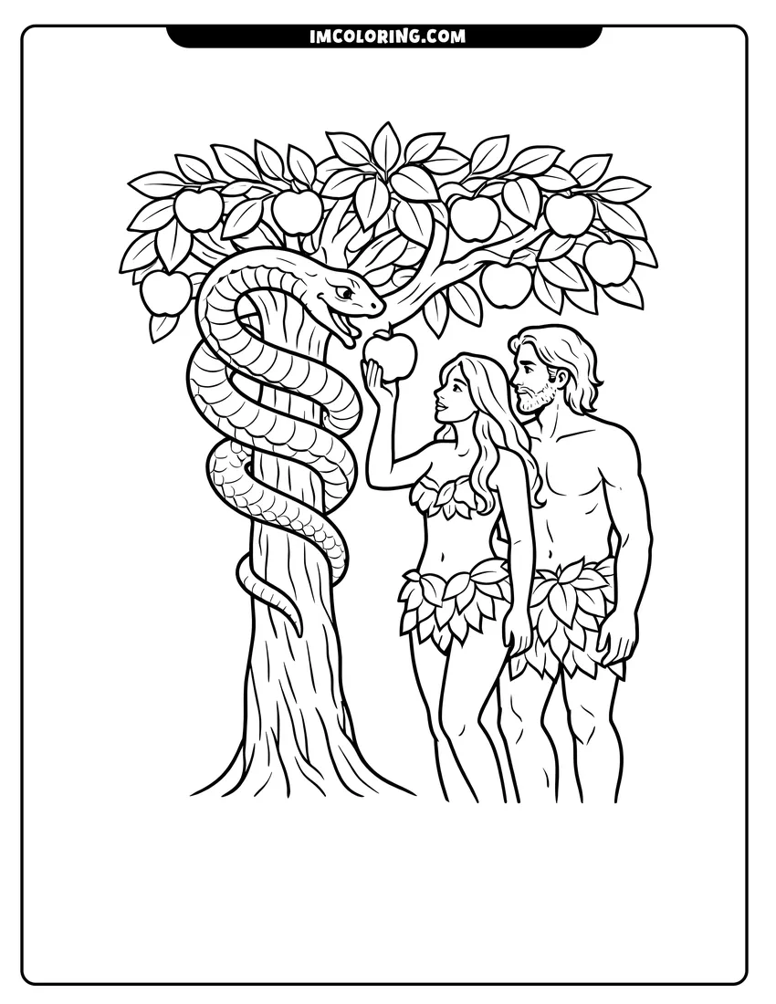 A snake offering fruit to Eve and Adam coloring page for preschoolers