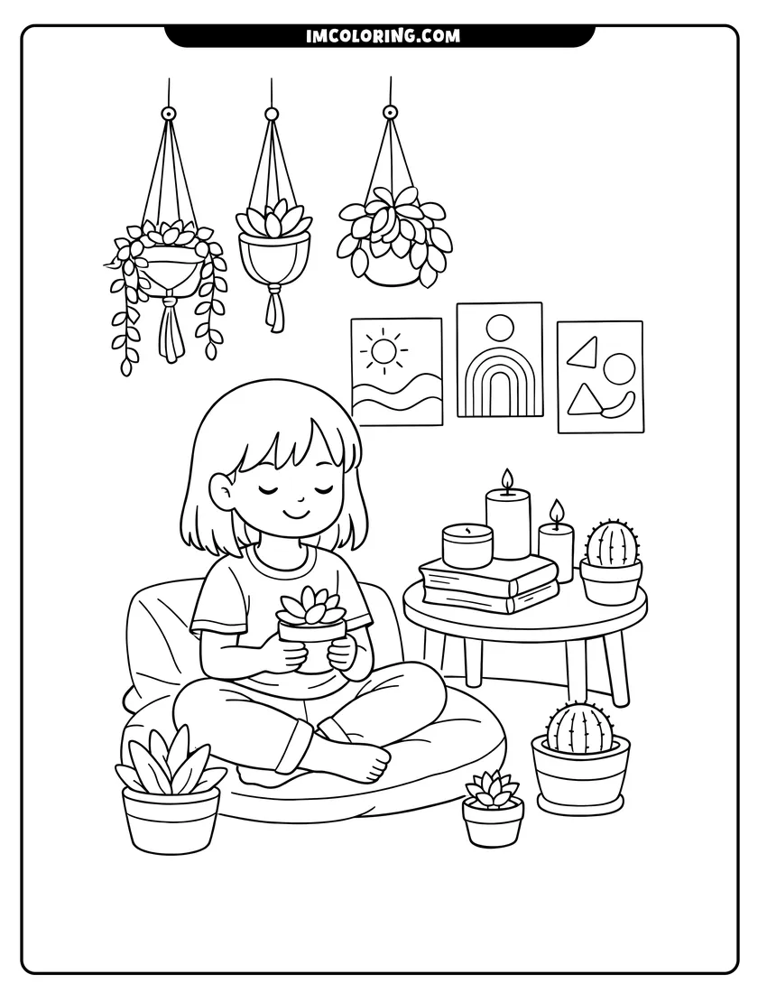 Detailed Cozy bedroom corner with hanging plants and succulents design for coloring