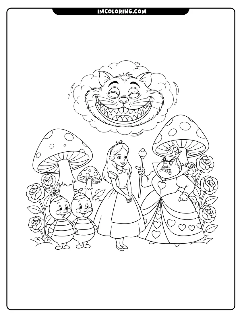 Alice and characters from the Alice In Wonderland movie drawing meant for coloring