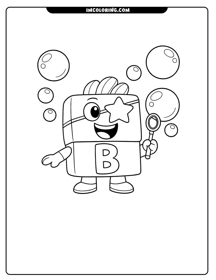 Kawaii style Alphablock B with star eyepatch blowing bubbles coloring picture
